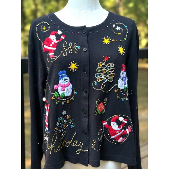 Jack B Quick Vintage Christmas Cardigan Santa Snowman Beaded Holiday Sweater L - Picture 1 of 8